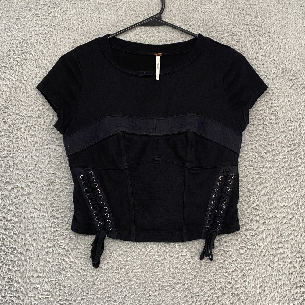 Free People Lace Up Top Womens XS Babydoll Bodice Grunge Short Sleeve Biker Moto